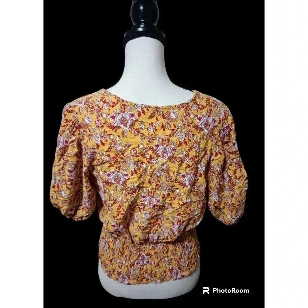 Cupcakes and Cashmere Smocked Floral Blouse Yellow Balloon Sleeve Boho Medium - Picture 2 of 4